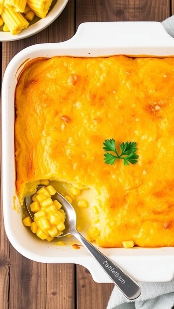 Golden corn casserole in a 9x9 dish, garnished with parsley, on a rustic wooden table.